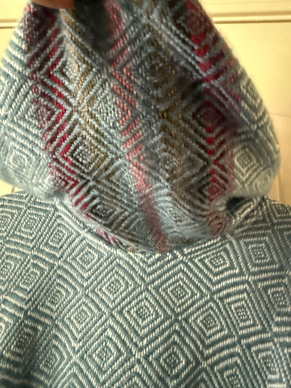 Oscatex Alpaca Knit Hooded Poncho in Light Blue with Multicolor Accents - Picture 8 of 9